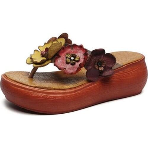 100% Genuine Leather Summer Womens Slippers Sweet Flowers Fashion Sandals 2021 Increase Shoes Platform Slippers Wedges Sandals