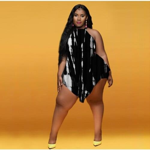 L-5XL Large Size Tie Dye Print Slim Playsuits Women Off Shoulder Sleeveless Beach Jumpsuit Vintage High Waist Oversize Outfits