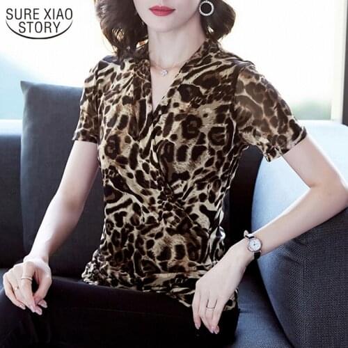 Fashion V-neck All-match Short Sleeve Office Lady Top Ropa De Mujer 2021 Brand New Leopard Print Cross Womans Blouse 10138