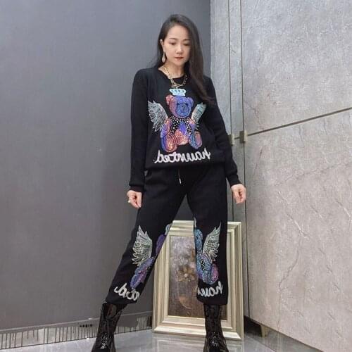 Womens Spring Loose Diamond Bear Tracksuit Long Sleeve Two Piece Outfits Pullover Sets for Ladies Sweatsuits Sets