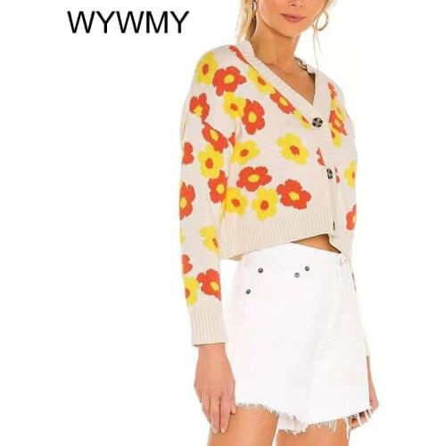 Floral Pattern Knitted Cardigan Sweater Women 2021 Autumn Winter New Loose Fashion Short Coat Flower V-Neck Long Sleeve Sweaters