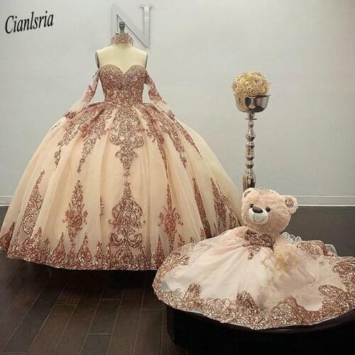 Rose Gold Sequined Appliques Ruffles Ball Gown Quinceanera Dresses Long Sleeve Sweet 16 Prom Dress vestidos de 15 años