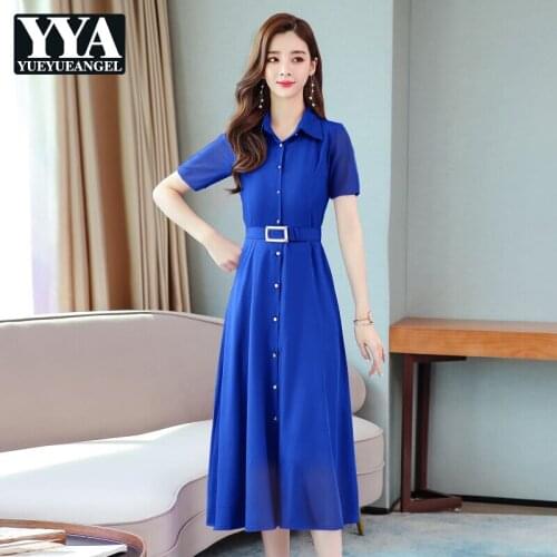 Summer Lady Korean Style Calf-Length Dress Women Solid Lapel Single-Breasted Short-Sleeve Sashes Slim Fit Elegant A-Line Dress