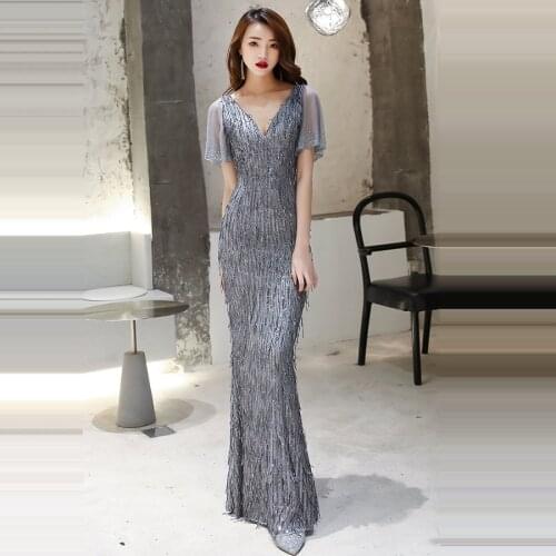 Deep V-Neck Mermaid Evening Dress Plus Size Elegant Women Party Dresses K030 Robe De Soiree 2019 Sequins Crystal Formal Gowns