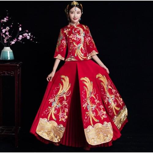 Women Vintage Red Bridal Embroidery Cheongsam Modern Oriental Traditional Chinese Style Wedding Dress Qipao Vestidos