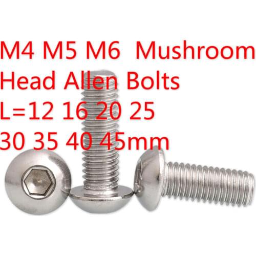 20/10pcs M4 M5 M6 Bolt Mushroom Head Allen Bolts Hexagon Socket Cap Round Head Screw A2 304 Stainless Steel L=12-45mm 16 25 30