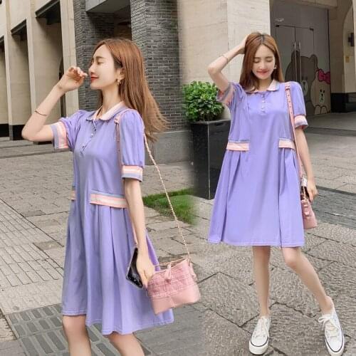 8029# Maternity Dress Summer Cotton Turn Down Collar Short Sleeve Loose Stylish Dress for Pregnant Women Mom Dress