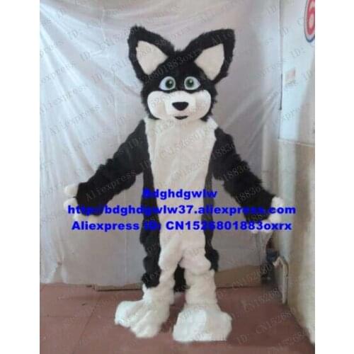 Black White Long Fur Wolf Fox Husky Dog Alaskan Malamute Border Collie Mascot Costume Adult Social Performance Big Party zx494