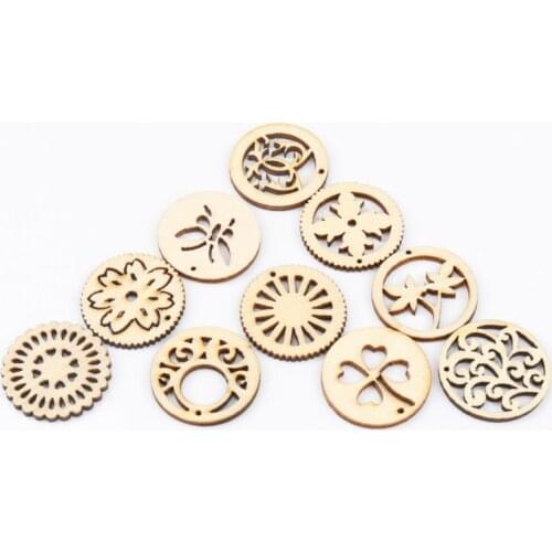 Natural Wooden Round Flower Pattern Scrapbook Craft Embellishments Handmade DIY Handicraft Home Decoration 30mm 20pcs