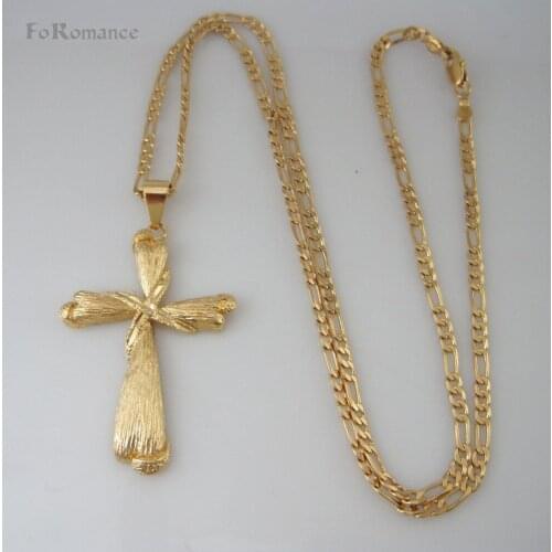 JESUS CROSS PENDANT RELIGIOUS CROSS NECKLACE LINES TWISED CARVED SURFACE ON IT 24" FIGARO CHAIN YELLOW GOLD OVERLAY PLATED