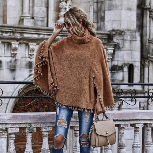 Plush Cloak Khaki Fashion Women Autumn Winter Warm Cape Ponchos Chic Outwear Batwing Turtleneck Bottom Tassel New Casual Stylish