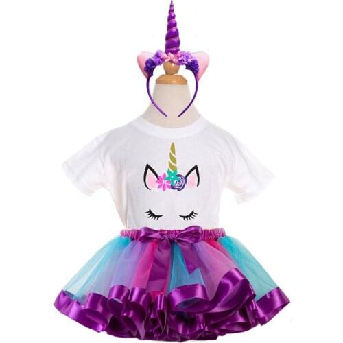 Girls Unicorn Dress Children Cartoon Vestidos Kids Tutu Dresses Toddlers Summer Dress Short Sleeve 3sets Princess Dresses