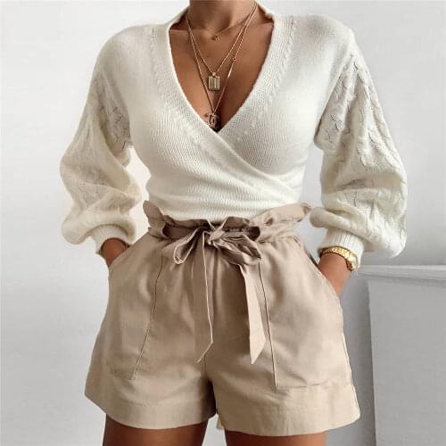 Sexy V neck Sashes Knitted Womens Cardigan 2020 New Hollow Out Lantern Sleeve Short Knitwear Autumn winter outwear female