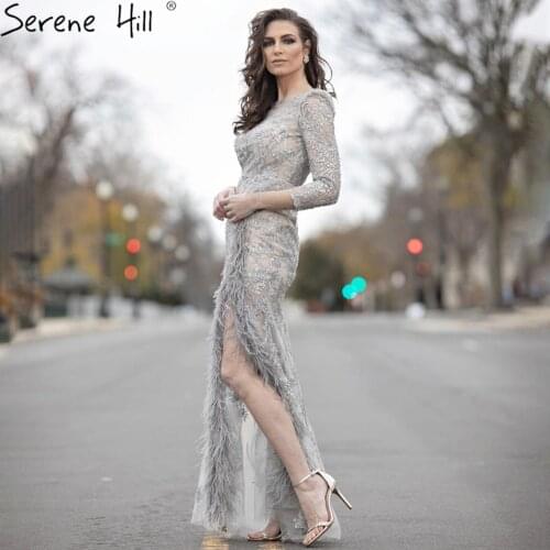 Serene Hill Grey Mermaid Split Luxury Evening Dresses Gowns 2021 Elegant Beadings Feathers Formal Women Party Night BLA70828