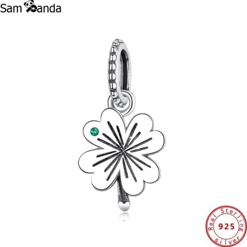 Original 100% 925 Sterling Silver Bead Charm Lucky Clover Pendant Charms Pave Green CZ Fit Bracelet Necklace Women Diy Jewelry