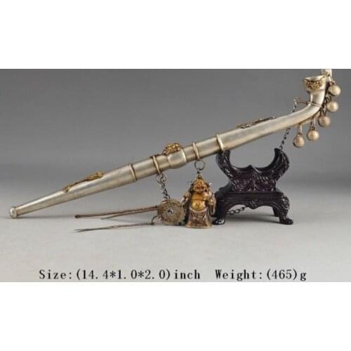 OLD GRANDPA UNCLE COPPER BRASS CRAFT OLD ANTIQUE TIBET MIAO SILVER COPPER OLD HAND BUDDHA GOLD-PLATING DECO SMOKING PIPE BELL