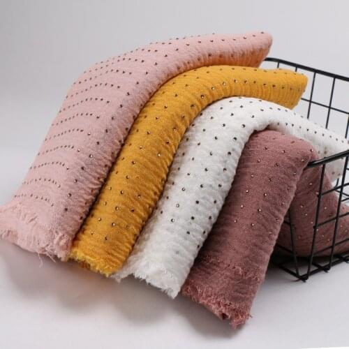 Plain Color Bubble Cotton Maxi Muslim Women Hijab Turban Gold Diamonds Headband Fringe Edges Headscarf Long Shawls 180X100CM