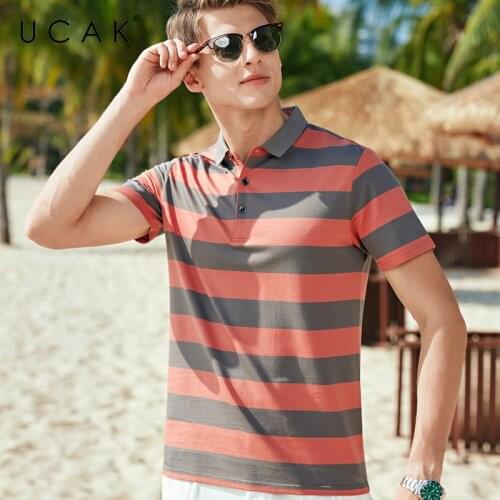 UCAK Brand Classic Turn-down Collar Striped T-Shirt Men Clothes Summer New Fashion Style Streetwear Casual Cotton Tee Tops U5602