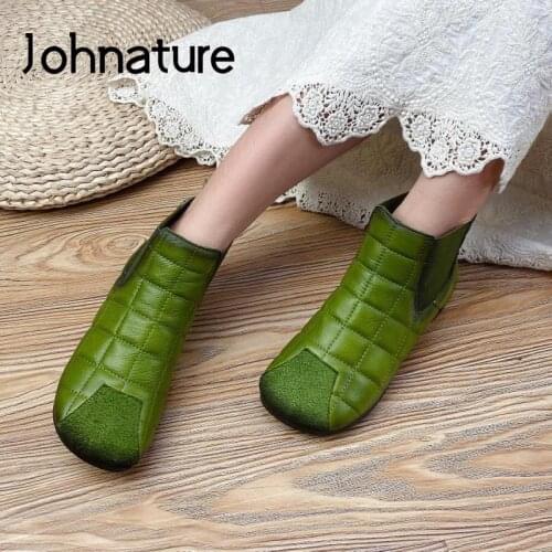 Johnature Genuine Leather Shoes Women Boots Leisure 2021 New Round Toe Flat With Sewing Handmade Fashion Concise Platform Boots