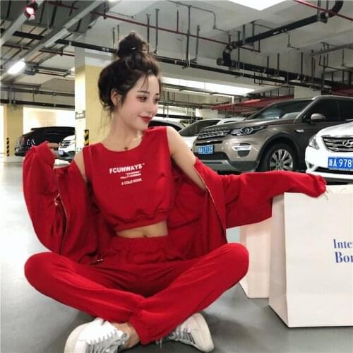 Women Autumn New Jackets+Long Pants+Letter Tank 3 Pieces Sport Wear Ladies Suits Casual Street Female Loose Tracksuit Sets