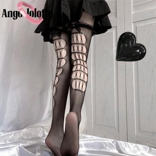 Women Sexy Black Lace Hollow Out Fishnet Transparent Stockings Bow Thigh High Over Knee Socks Hosiery Anime Lolita Gothic Socks