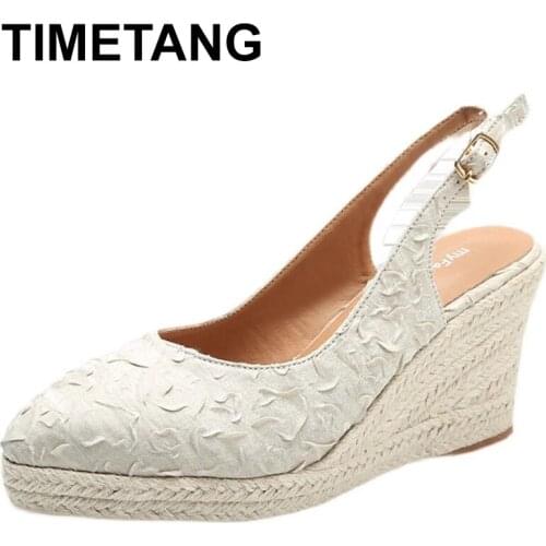TIMETANG Sandals Straw Shoes Women Med Summer Heels Clogs Wedge Large Size All-Match Shallow Mouth New Handmade Closed Fashion