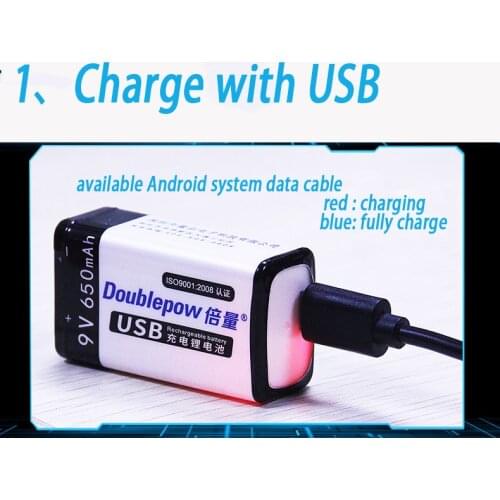 1 pcs. 9V original Doublepow USB battery 6F22 9V 650 mAh wireless microphone KTV tool using smart battery