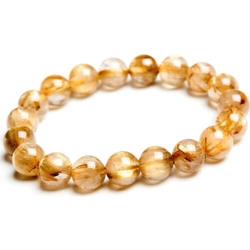 11mm Genuine Brazil Yellow Gold Hair 100% Natural Stone Titanium Rutilated Quartz Crystal Round Bead Bracelets Just One