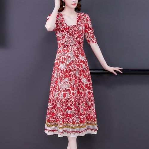 2021 Summer Women Sexy V Neck Short Sleeve Chiffon Dress High Waist Sweet Floral Print Beach Midi Dresses Vestidos
