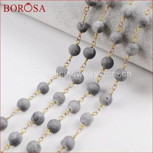 BOROSA Drusy 8mm Round light Gray Stone Titanium Druzy Beaded Chains Brass Chain DIY Necklace High Quality Fashion Jewelry JT201