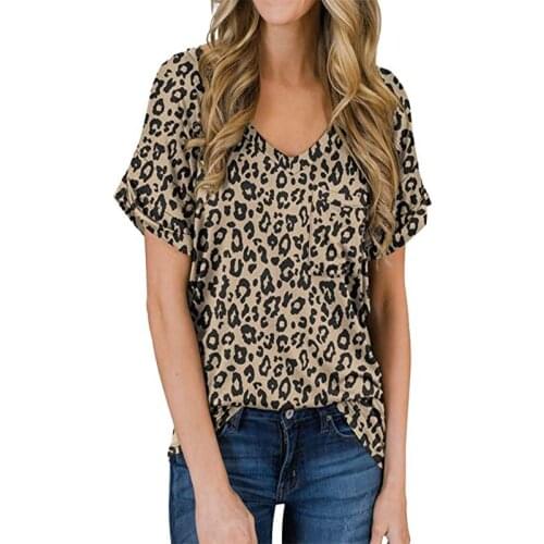 T Shirt Femme Summer Leopard Printed Loose V Neck Top Mid-Length Short-Sleeved Tee Shirt Casual Fashion Women Clothing One Piece