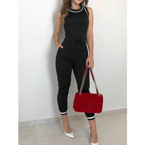 Contrast Binding Tie Waist Casual Jumpsuit Women Rompers Sleeveless Summer One Piece Overall