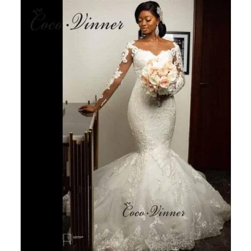 V neck Illusion Long Sleeves Lace Mermaid Wedding Dress 2021 New Embroidery On Neck Crystal Beaded Wedding Dresses America W0694