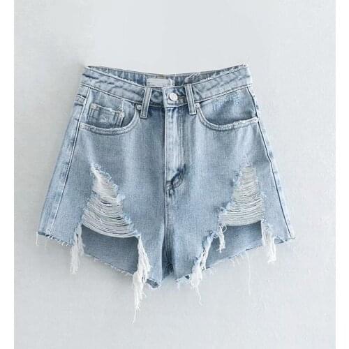 Summer Womens Fashion Ripped Hole Hollow High Waist Denim Shorts Jeans