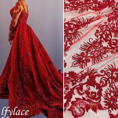 LFY 2021 Latest Gorgeous Red Bead Embroidery Lace Fabric High Quality Tulle French Lace Fabric DIY GOWN Dress Fabric Material