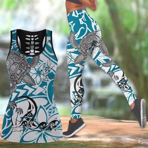Sea turtle Polynesian 3D Printed Hollow Out Tank Legging Suit sexy Yoga Fitness Soft Legging Summer Women For Girl 06