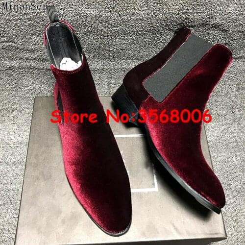 Wine Red Velvet Men Chelsea Boots Wedding Party Dress Shoes Handmade Pointed Toe Man Fashion Flats Ankle Boots Shoes High Top