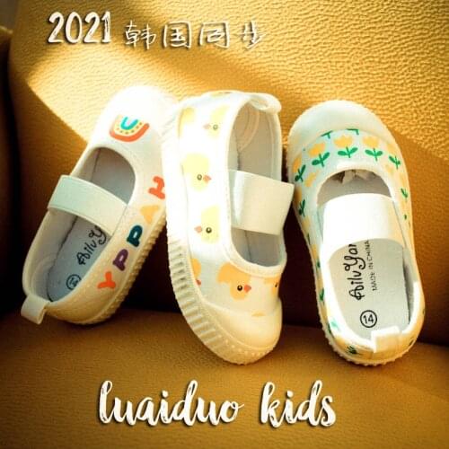 2021 Korean floral new style shallow mouth girls canvas shoes kindergarten indoor shoes cloth shoes cute princess style