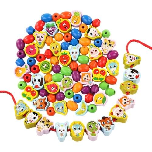 New Kids Wooden Toys Cartoon Fruit Animal Beaded Toys Pull Lace Wood Beads Game Puzzle DIY Creative Matching Accessories Beads