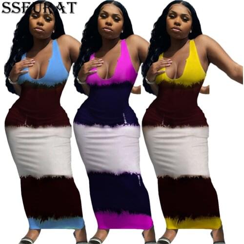 SSEURAT New Fashion Long Dress For Womens Summer Joicing Color Printing Condole Belt Vest Deep V Gets Sexy Dress
