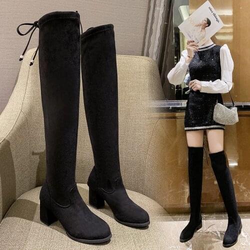 Winter Womens Over-the-knee Boots New Stretch Fabric Thigh High-top Sexy Slim Style Trendy Womens Flat Boots Large 35-44