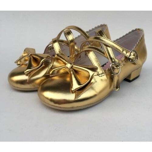 Japanese Harajuku Gold Low Chunky Heels Sweet Bow Cross Strap Princess Lolita School Girls Shoes Flats Plus Size