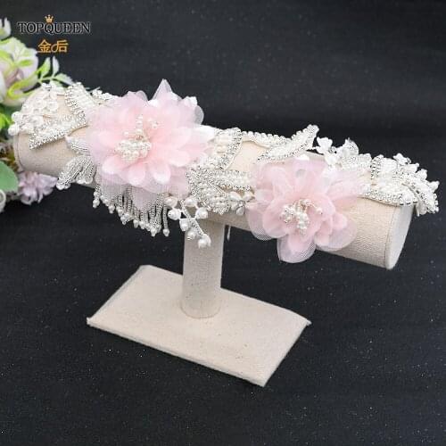 TOPQUEEN S498 Maternity Sash Belt for Baby Shower Pink Thin Belt Dress Wedding Dress Belt with Pearls and Flowers for Bridesmaid