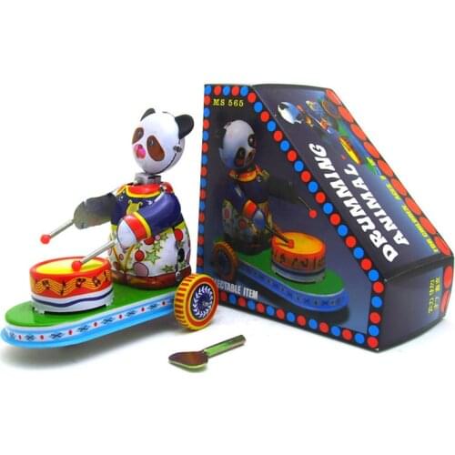 Vintage Toys Panda Play the Drum Tin Toy Iron Metal Bird Wind up Decoration Craft
