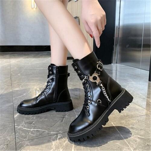 New Women Gothic Ankle Boots Side Zip Punk Style Platform Shoes Autumn Lace-up Booties Chunky Sexy Chain Non Slip Sneakers 35-40