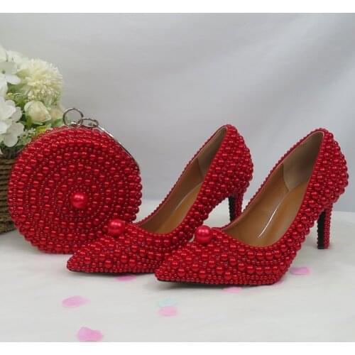 BaoYaFang Red Pearl women wedding shoes with matching bag Bride High heels ladies party dress shoes woman Pointed Toe Pumps