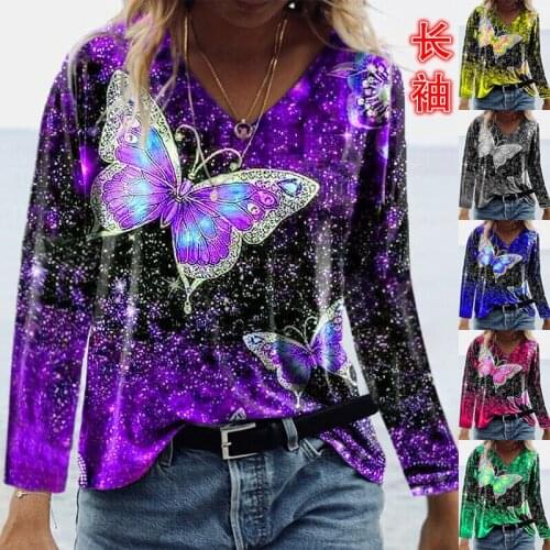 Women Top Cotton Mid-length Hipster Casual Basic V-neck Autumn and Winter Long-sleeved Butterfly Print Pullover T-shirt
