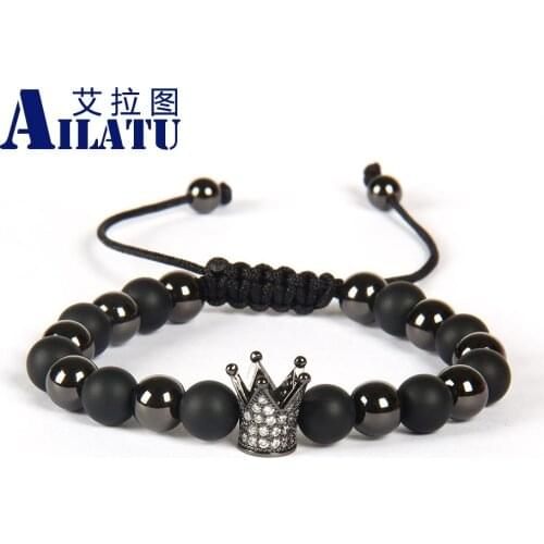 Ailatu Jewelry 8mm Matte Onyx Stone Beads with Micro Paved Clear Cz Crown Kings Bracelet Fathers Day Gift Pulseira Hombres
