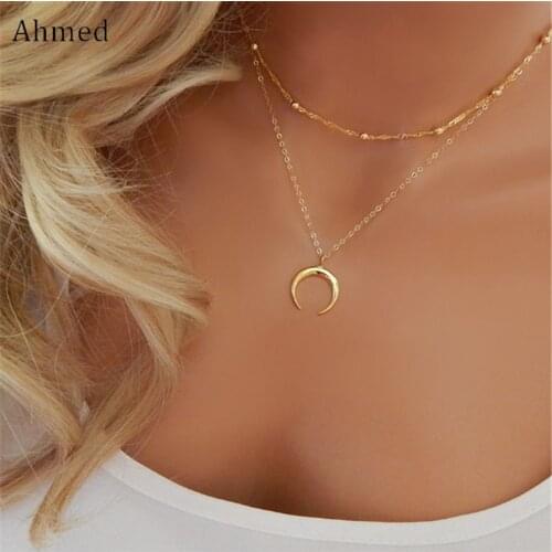 Ahmed Bohemian Simple Moon Pendant Double Necklace For Women Fashion Jewelry New Double Angle Statement Necklaces Collier Femme