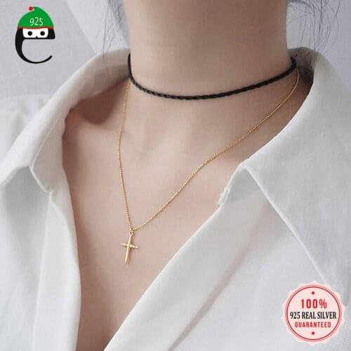 ElfoPlataSi Authentic 925 Sterling Silver Fashion Cross Pendant Short Necklace For Women Luxury Sterling Silver Jewelry DA642